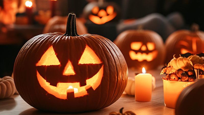A group of friends smiling and laughing while celebrating Halloween with carved pumpkins and candle lights. The room is filled with festive decorations and a warm, cozy atmosphere.