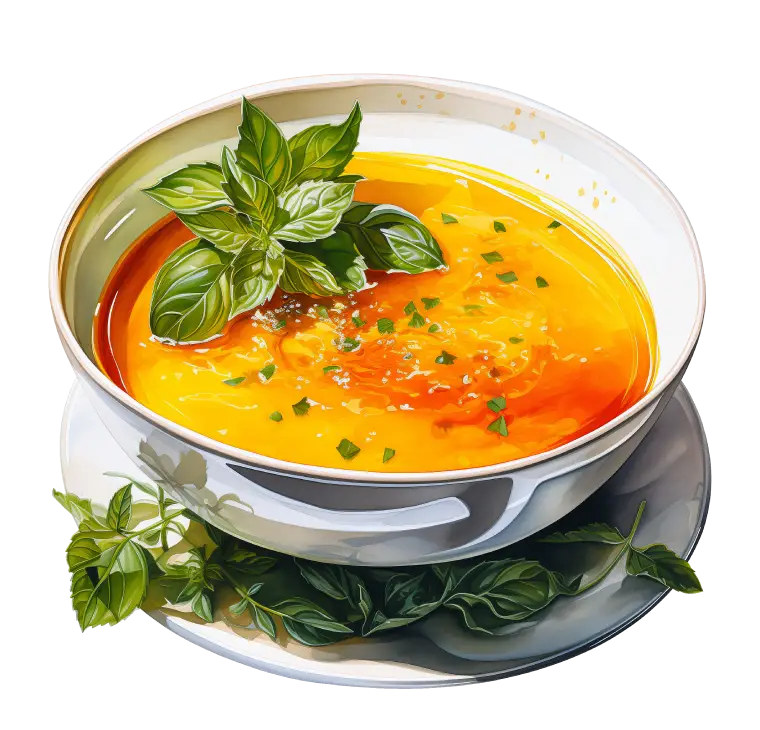 Eine Zeichnung einer Suppe mit Garnitur