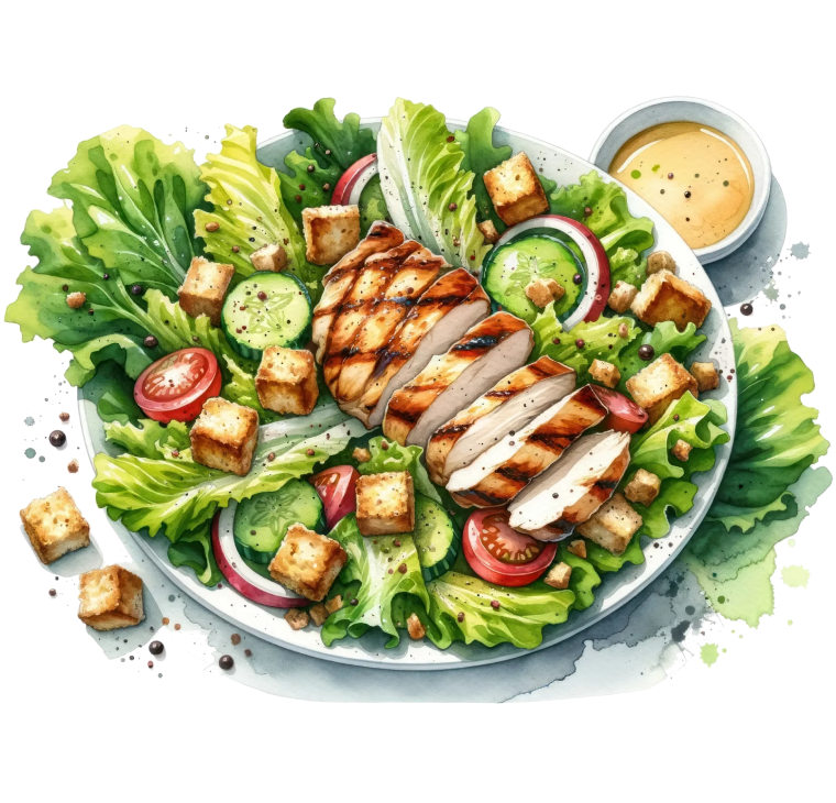 Eine Zeichnung eines Salates mit Hähnchenbrust